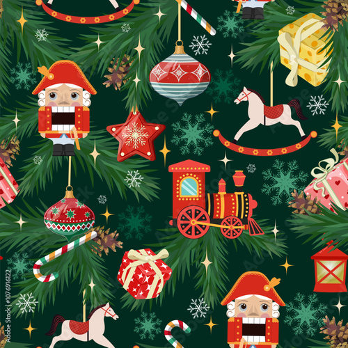 Christmas seamless pattern with Nutcrackers, steam locomotive toy, gifts, New Year's toys on a dark background. For kids apparel, home design, wrapping paper