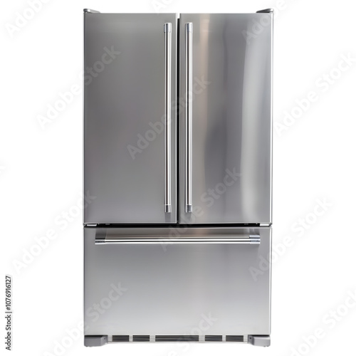A modern stainless steel refrigerator with a double-door design, isolated on white background