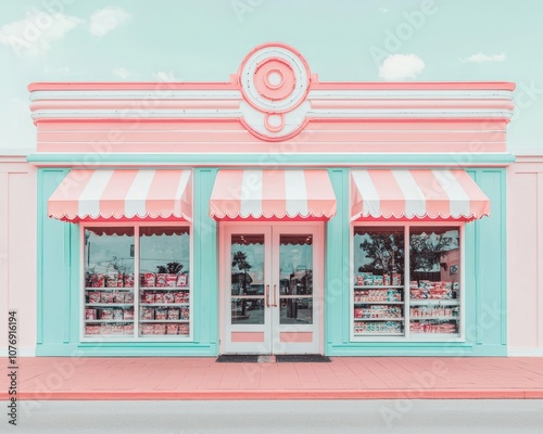 Retro dinerinspired toy store facade with neon signs, chrome accents, and vintage decor, Toy Store, Retro Diner Fun photo