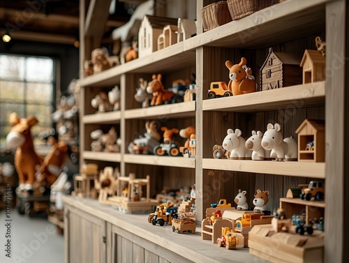 Farmthemed toy store exterior with wooden beams, barnstyle decor, and animal sculptures, Toy Store, Farmyard Fun photo