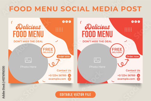 Delicious food menu social media template design. Special food and drinks promotion web banner for restaurants. Creative food menu restaurant template for online marketing with photo placeholder.