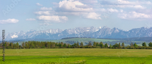View of the Polish Tatras. Landscape with mountains on the horizon.
