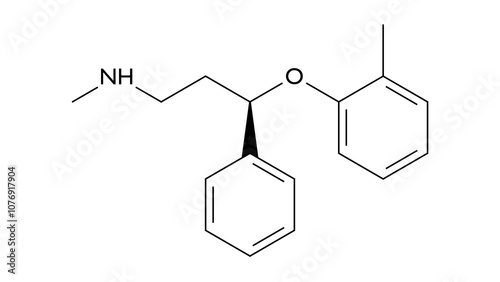 atomoxetine molecule, structural chemical formula, ball-and-stick model, isolated image norepinephrine reuptake inhibitor photo