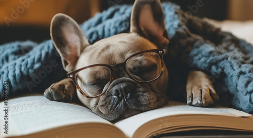 Bulldogue francês fofo usando óculos dormindo em um livro aberto photo