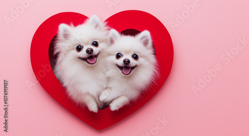 Cães pomeranos brancos, fofos e felizes sentados juntos em um buraco vermelho em forma de coração em um fundo rosa, parecendo animados com olhos grandes