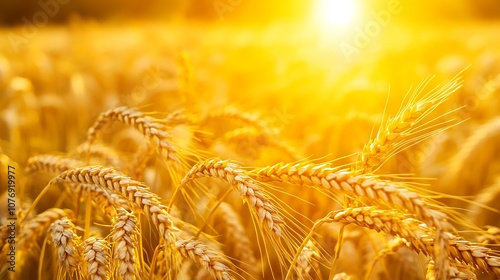 Close-up of a wheat field at golden hour, with the sun illuminating the grain