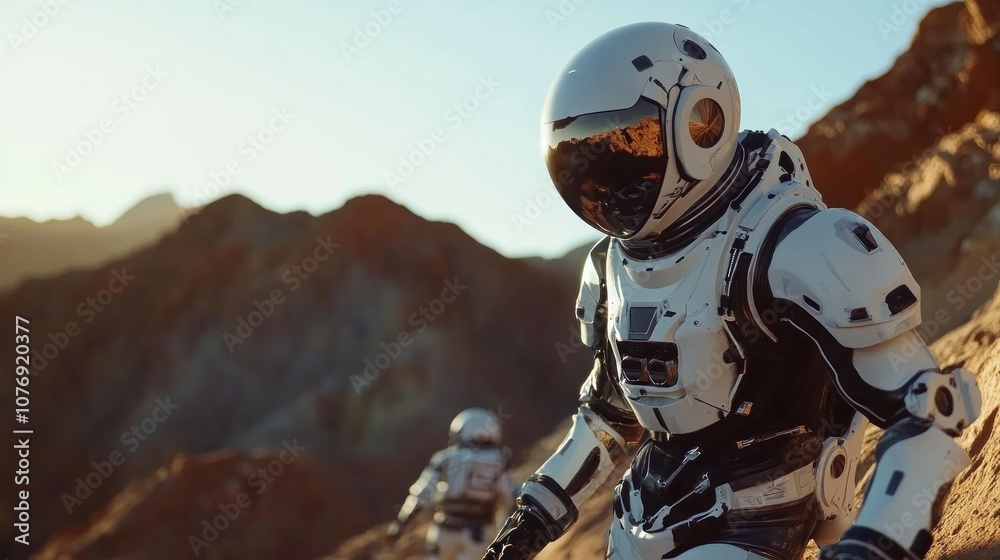 Fototapeta premium AI in planetary exploration, robots collecting samples from a distant world, high-tech instruments scanning the terrain