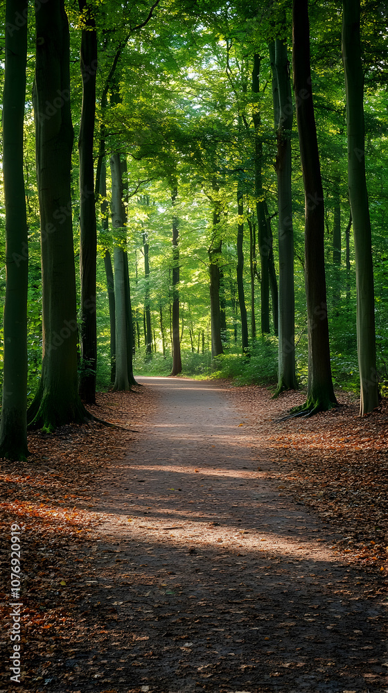 Obraz premium A sunlit path through a dense forest with tall trees and green leaves.