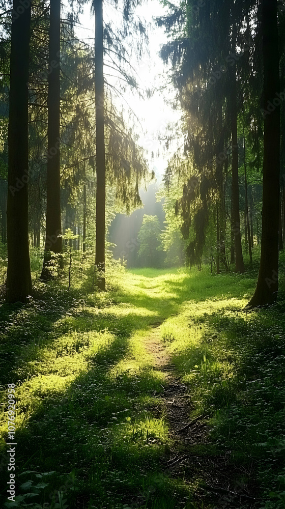 Obraz premium A sunlit path through a dense forest.