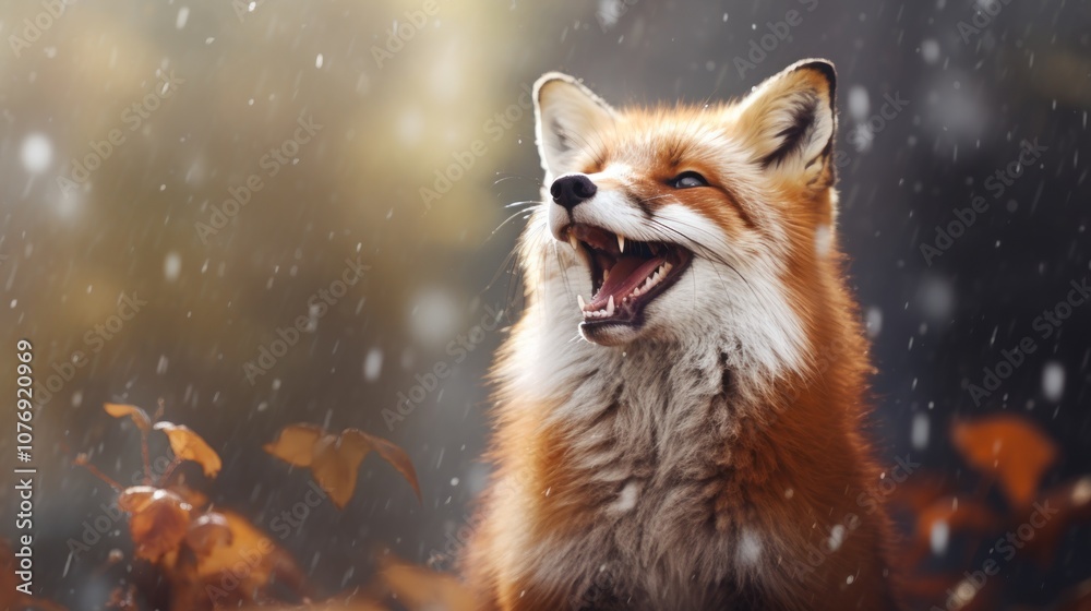 Obraz premium Happy fox rejoices in first snow.