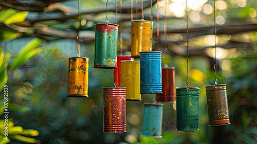 Colorful Tin Can Wind Chime Hanging in a Garden