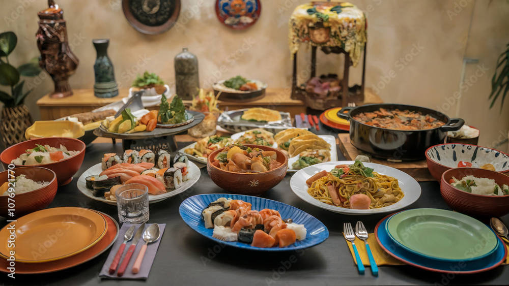 Fototapeta premium A dining table set with diverse cultural dishes, vibrant plates, and traditional bowls, evoking the spirit of a family meal together.