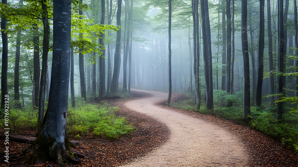Fototapeta premium A winding path through a dense, misty forest.