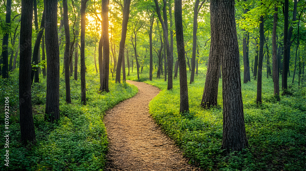 Obraz premium A winding path through a lush green forest with sunlight filtering through the trees.