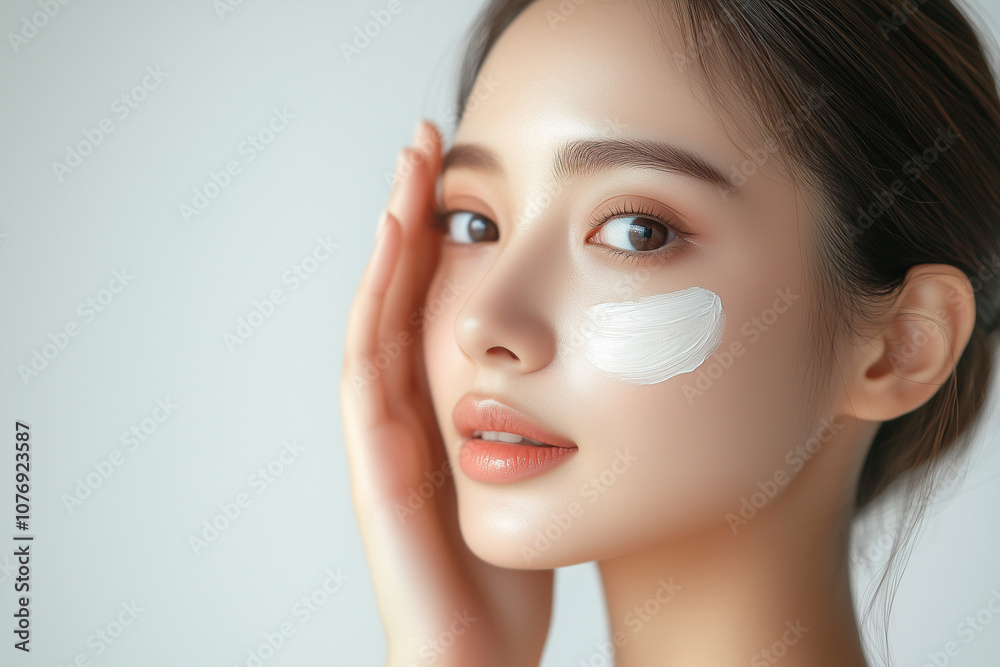 Asian woman with a white face mask on her face. She is smiling and looking at the camera Asian woman with a white face mask on her face. She is smiling and looking at the camera