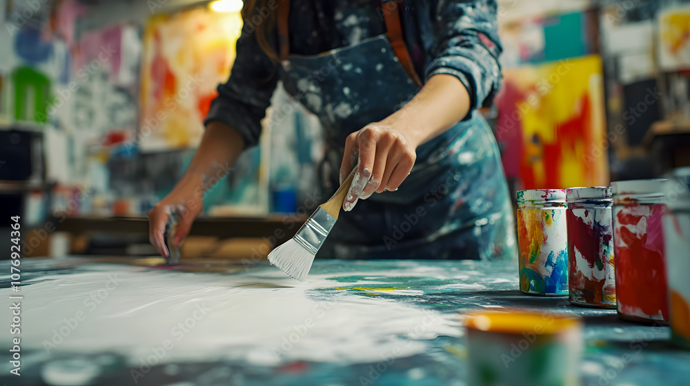 Fototapeta premium Creative Artist Working on a Painting in a Colorful Art Studio Surrounded by Vibrant Paints and Artistic Tools, Capturing the Essence of Artistic Expression and Imagination