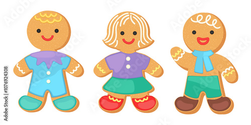 Christmas gingerbread people cookie shapes. Xmas sugar cookie characters. Cute gingerbread man, woman, girl, guy figures shortbread. Christmas cartoon vector illustration of homemade bakery.
