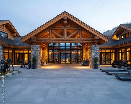 Rustic mountainthemed gym facade with log walls, stone accents, and cozy fitness decor, Fitness Gym, Mountain Retreat Gym photo