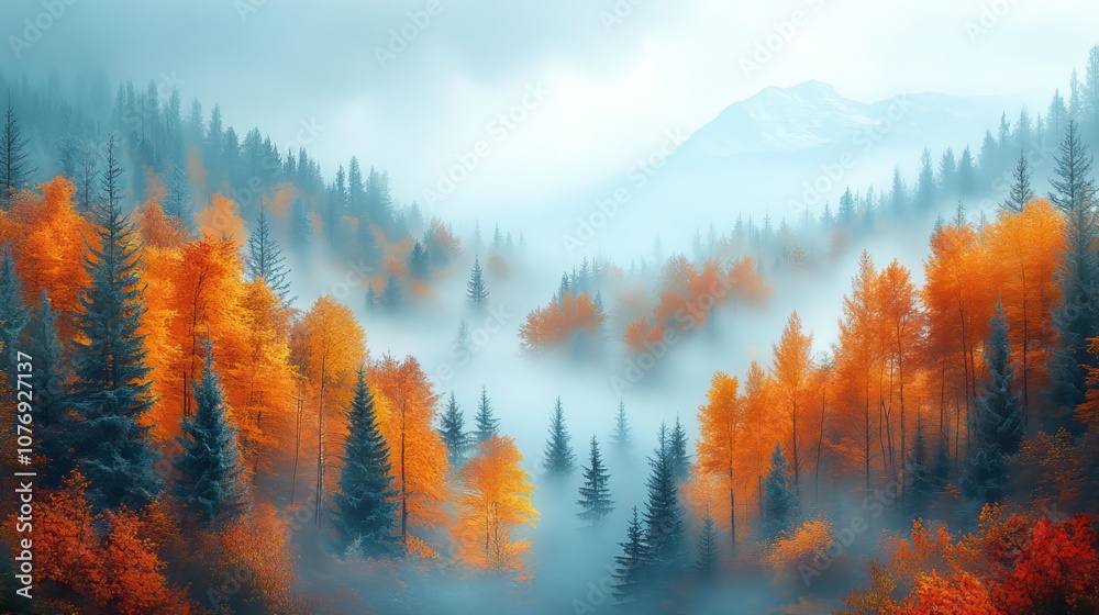 Obraz premium A foggy forest wallpaper depicting the transition between autumn and winter, showing the changing seasons in a serene landscape