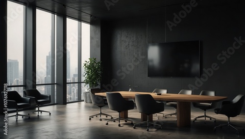 Meeting conference room with blank empty mockup tv screen monitor for advertising standing in modern contemporary office on black wall background
