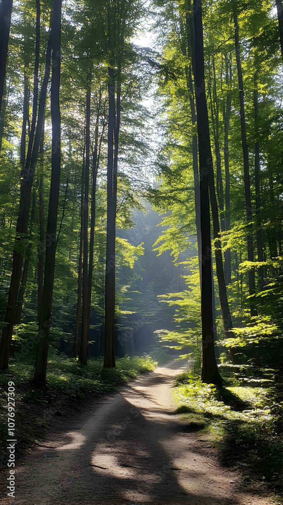 Obraz premium Sunbeams illuminate a path through a dense forest.