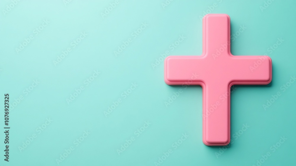 Obraz premium Red Medical Cross Icon on Clean Pastel Green Background with Copy Space for 3D