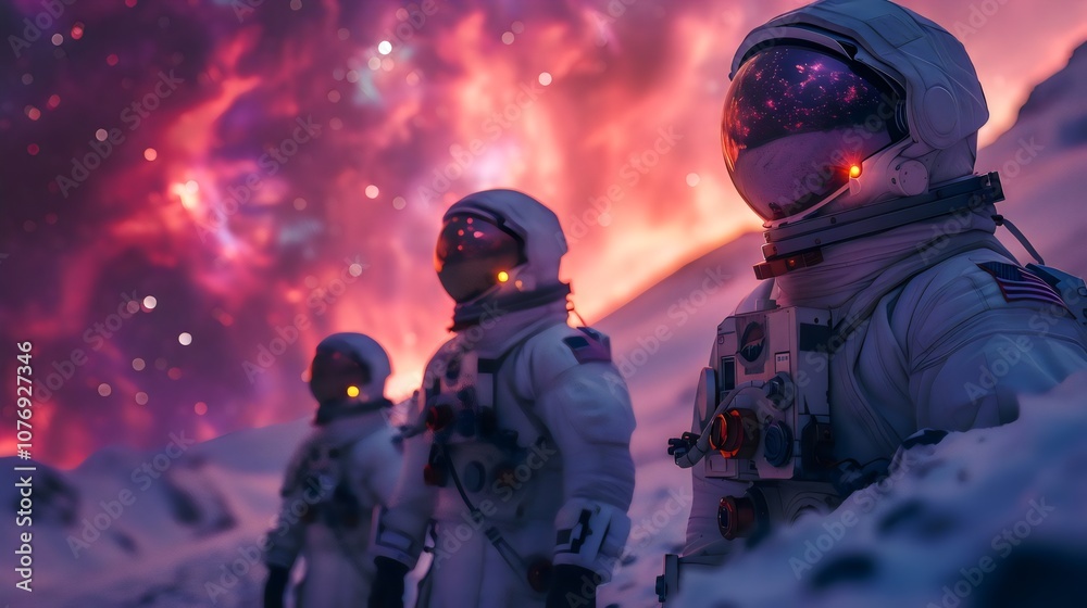Naklejka premium Three astronauts are standing on a snowy surface, looking up at a bright