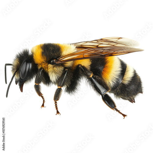 Detailed close-up of a bumblebee showcasing its vibrant colors and features against a white background in natural lighting