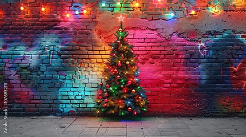 An up-close look at a Christmas pop art graffiti wall with a textured background wall covering A bright neon color scheme with plenty of room for text, Generative AI.
