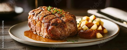 Savory pork roast with perfect crust, plated alongside spiced apple compote, gourmet meal photo