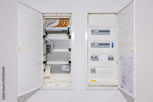 Open electrical panel with fuses, providing essential circuit protection and safety for the electrical system in a home or building. photo