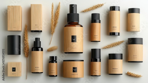 Top view of wooden cosmetic bottles and jars with natural elements. photo