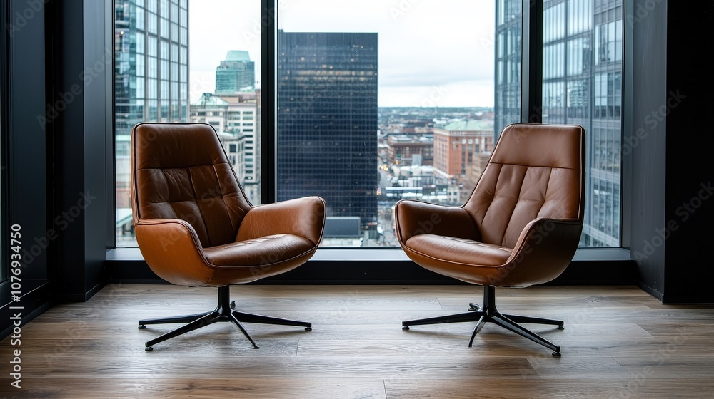 Obraz premium Stylish modern office chairs with a stunning city view in the background, perfect for a contemporary workspace.