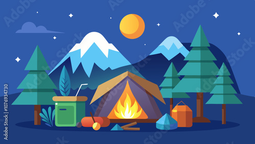 A mountain scene with a campfire and a tent