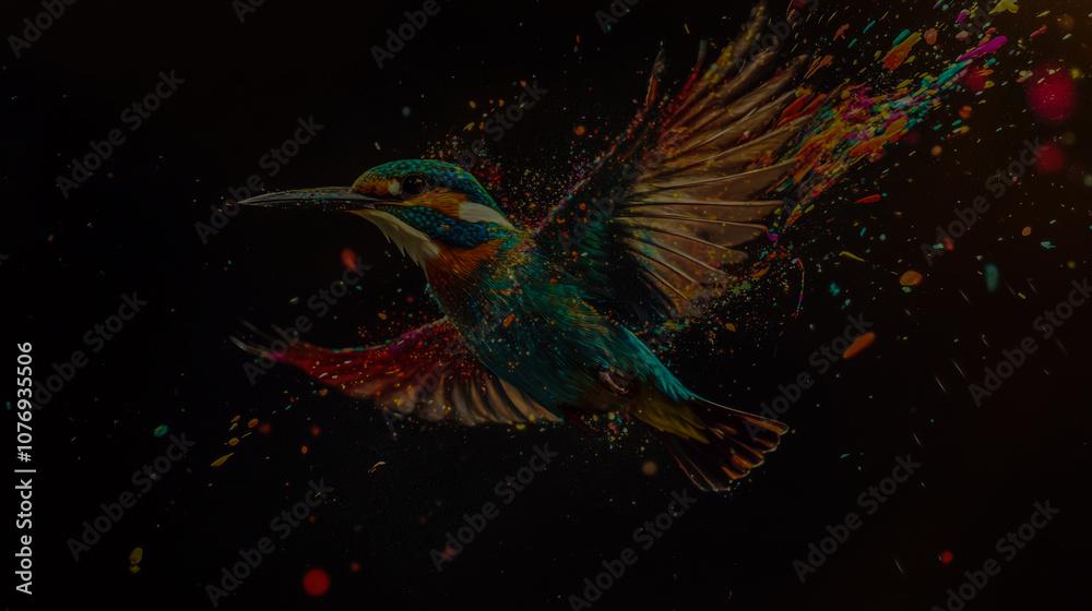 Obraz premium Colorful Birds in Flight, Dynamic Dispersion and Splatter Effect Against a Black Background.