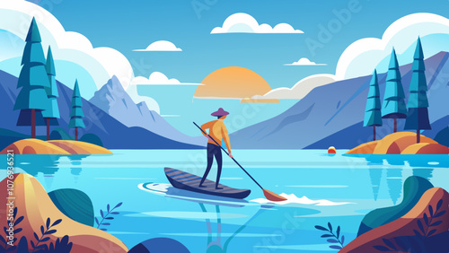 A man is paddling a surfboard on a lake