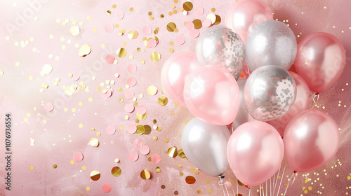 Party Balloons with Confetti on Pink Background