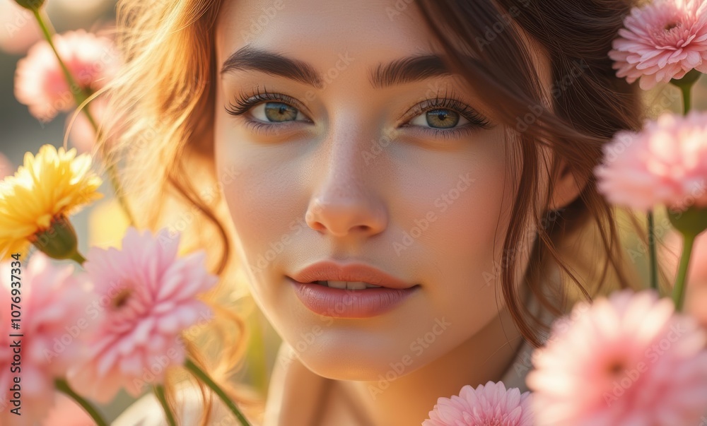 Young woman surrounded by vibrant flowers Young woman surrounded by vibrant flowers