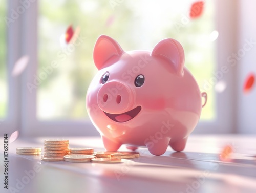 Piggy bank and coins representing smart savings photo