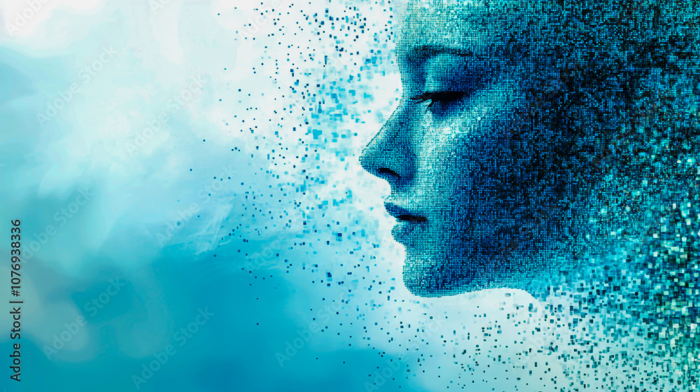 Concept of a digital human face featuring a dispersion effect, set against a vibrant blue abstract background, showcasing technology, artificial intelligence, and digital art. Concept of a digital human face featuring a dispersion effect, set against a vibrant blue abstract background, showcasing technology, artificial intelligence, and digital art.