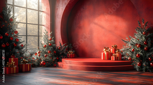 Celestial Holiday Haven: A Christmas Stage Adorned with Gifts and Light photo