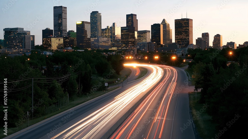 Fototapeta premium Scenic View of a City Skyline at Dusk with a Busy Highway in the Foreground, Showcasing Urban Life and Vibrant City Lights Against a Twilight Sky
