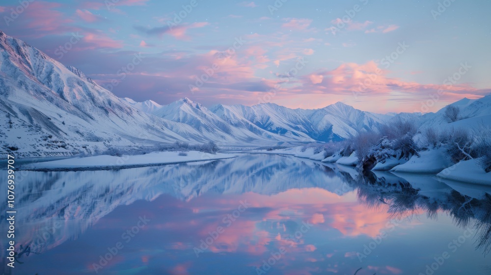 Obraz premium Serene Winter Sunrise: Pink clouds reflected in a still, snow-covered lake, majestic mountains rise in the background, creating a breathtaking winter landscape.
