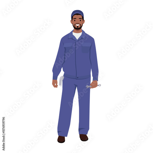Young man mechanic standing and holding a wrench. Flat vector illustration isolated on white background