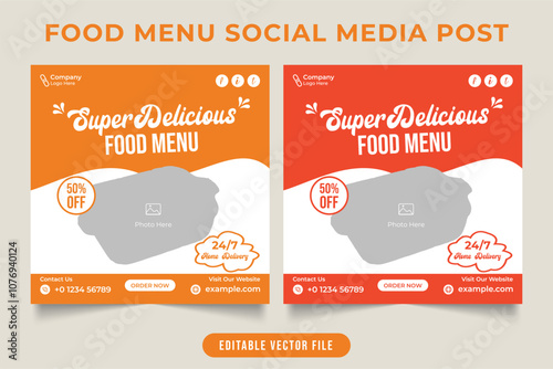 Delicious food menu social media post vector in yellow and orange. Restaurant discount offer social media posts with photo placeholders. Food promotion template design with creative shapes.