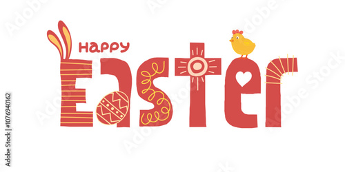 Happy Easter creative art drawing lettering. Paschal celebration inscription for greeting card. Springtime holiday colorful letters logo. Artwork typography eps badge. Cute bunny ears and funny chick