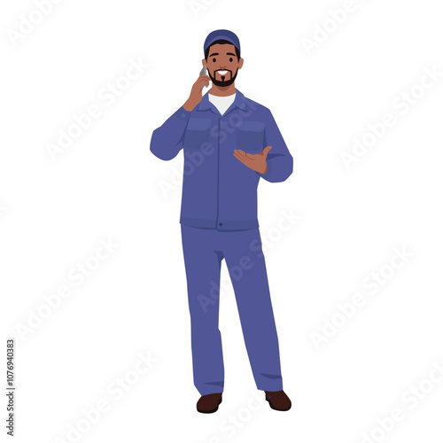 Young mechanic on the phone at the repair garage. Flat vector illustration isolated on white background