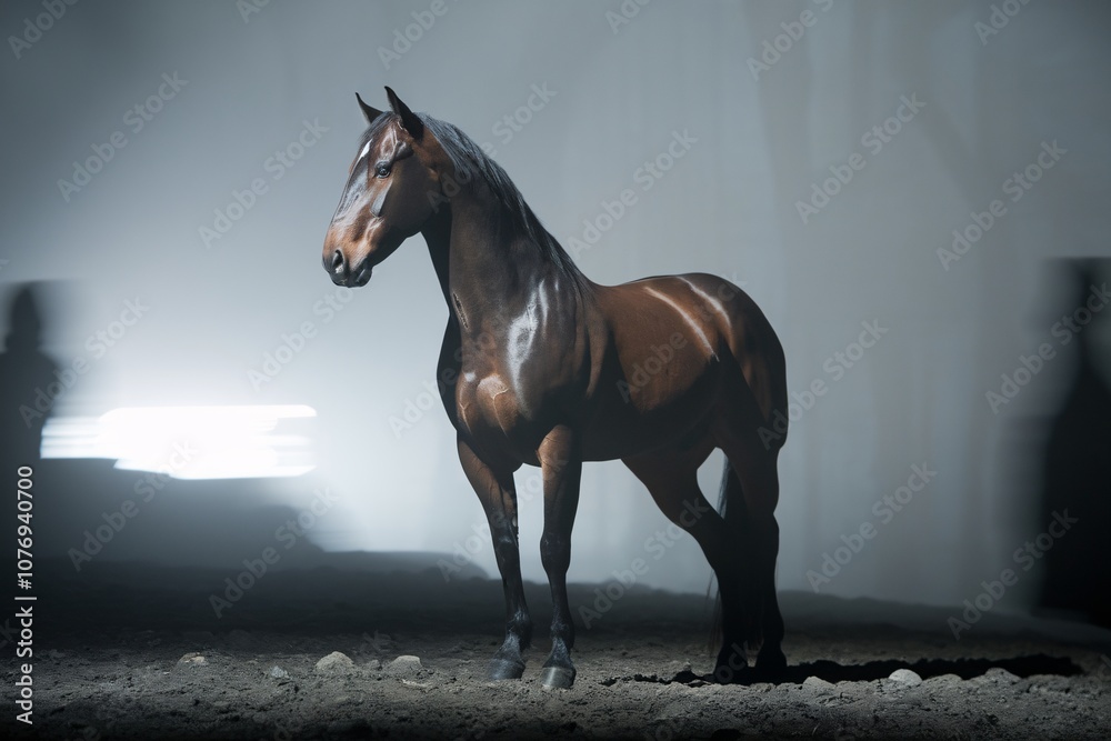 Obraz premium Majestic Stallion in Misty Arena: A powerful dark brown horse stands proudly in a dimly lit arena, showcasing its muscular build and elegant posture.