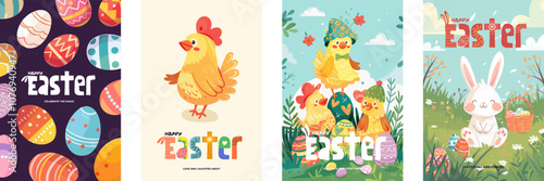 Happy Easter Day holiday poster set. Colorful eggs pattern background. Cute bunny and chickens in grass. Traditional spring religious celebration greeting card. Modern drawing festive banner