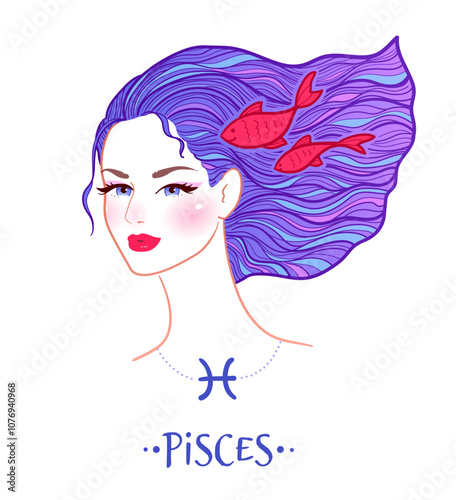 Vector colorful illustration of Pisces zodiac sign female portrait